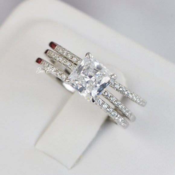 14k WHITE GOLD 925 STERLING SILVER PRINCESS CUT WEDDING BAND ENGAGEMENT RING - Picture 4 of 9